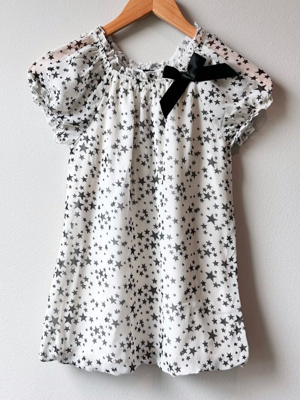 GEORGE Girls Short Sleeve Star Print Chiffon Dress White Black Bow Girls M (7-8)